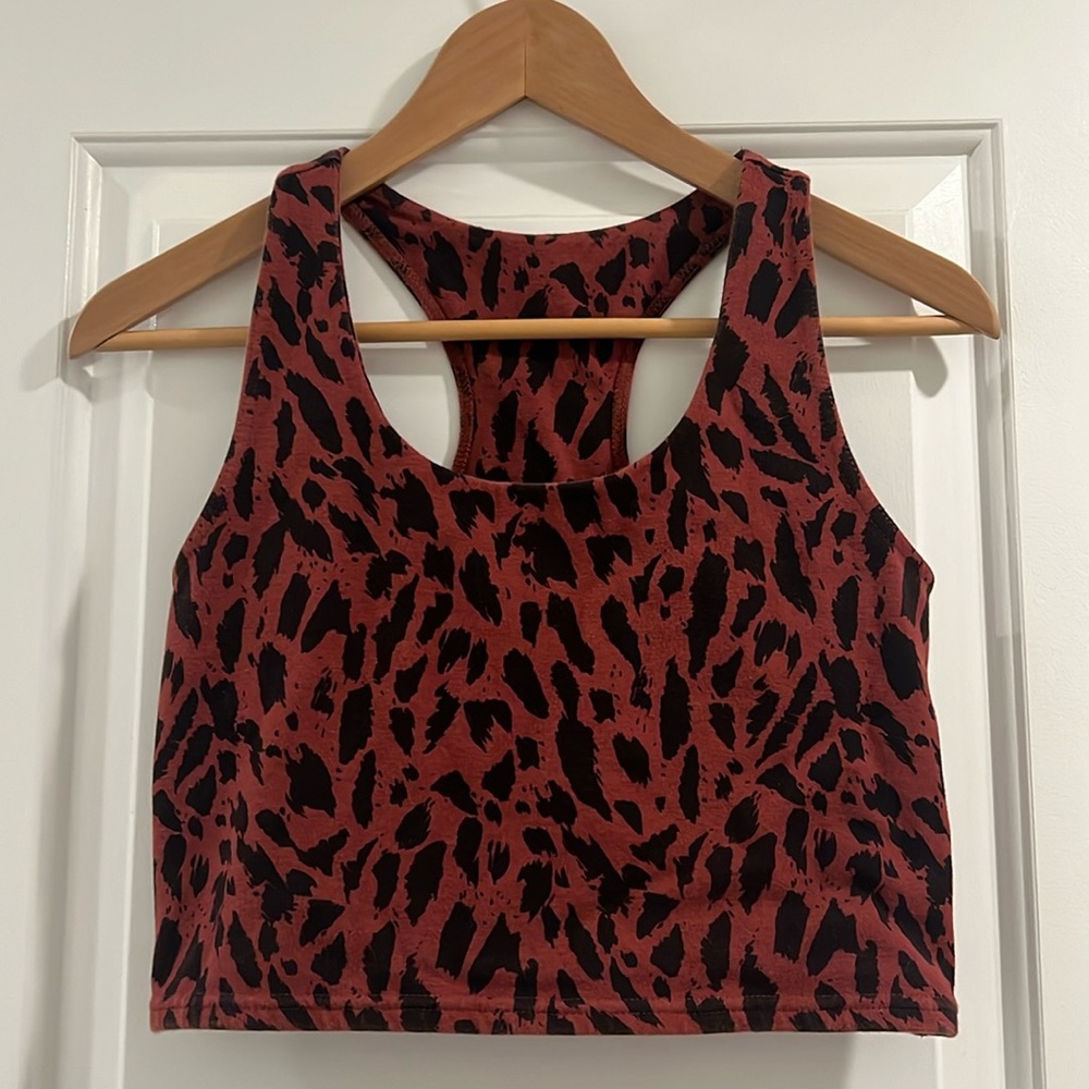 PACT stretch crop tank in animal print - burnt orange/brown and black, S